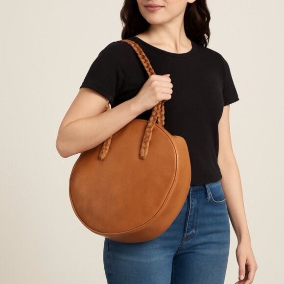 TJ Maxx Women’s Tan Round Tote Bag with Braided Handles & Snap Closure - Picture 1 of 4